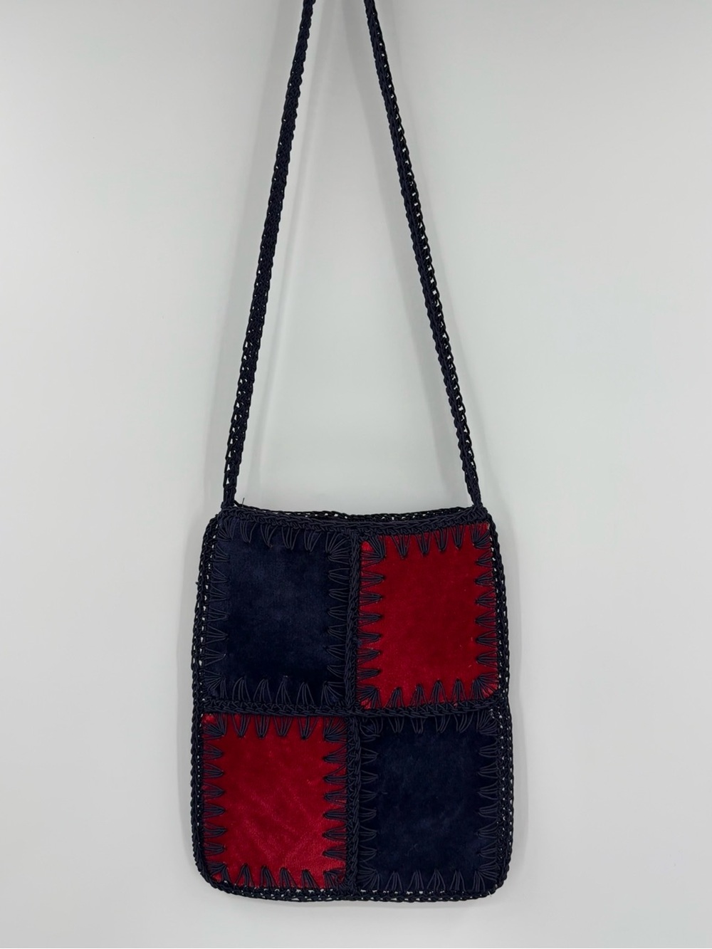 Bobbie Jerome Vintage Velvet Patchwork Crochet Shoulder Bag | Navy/Red